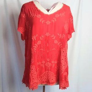 Johnny Was Top Short Sleeves Orange Red Embroidered Boho
